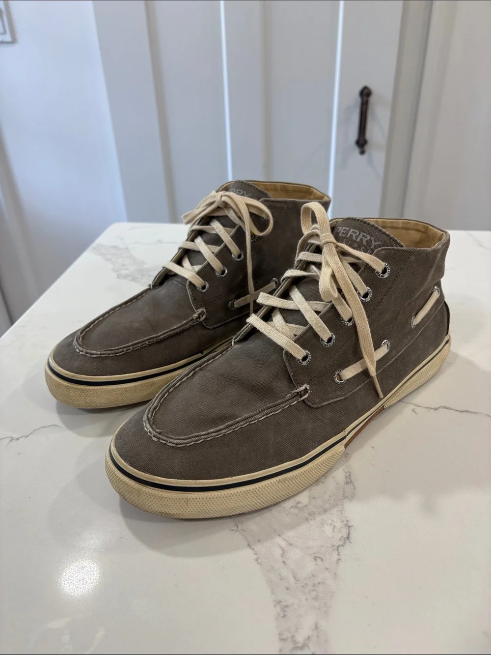 Sperry Men's Taupe Grey Canvas High-Top Boat Shoes Size 10.5